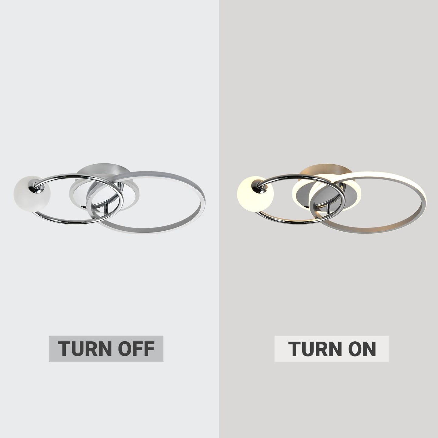 LED-Deckenleuchte im Vergleich: aus und an, ringförmiger Aluminium-Look in Chrom und Weiß