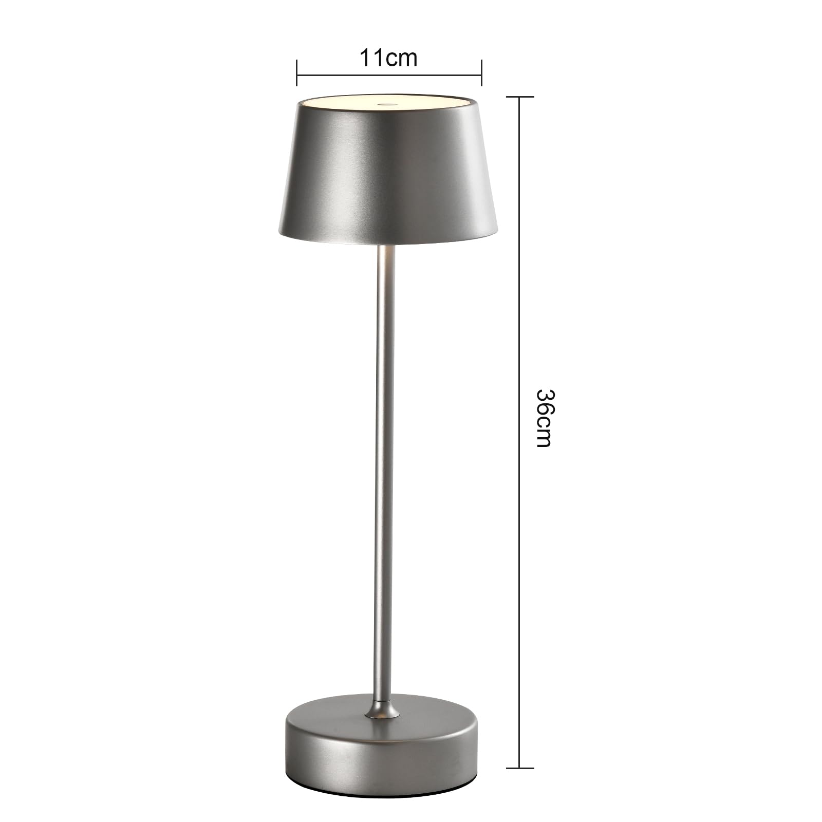 LED-Tischlampe mit silberfarbenem Lampenschirm und Standfuß, gerader Ständer