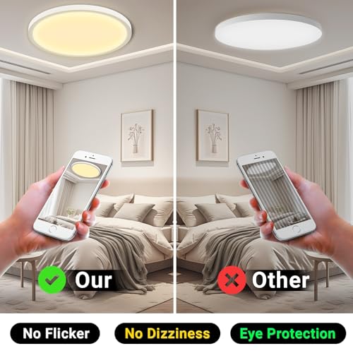 Flache runde LED-Deckenleuchte mit warmweißem Licht, klare Bedienung per Fernbedienung.