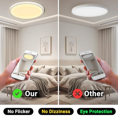 Flache runde LED-Deckenleuchte mit warmweißem Licht, klare Bedienung per Fernbedienung.