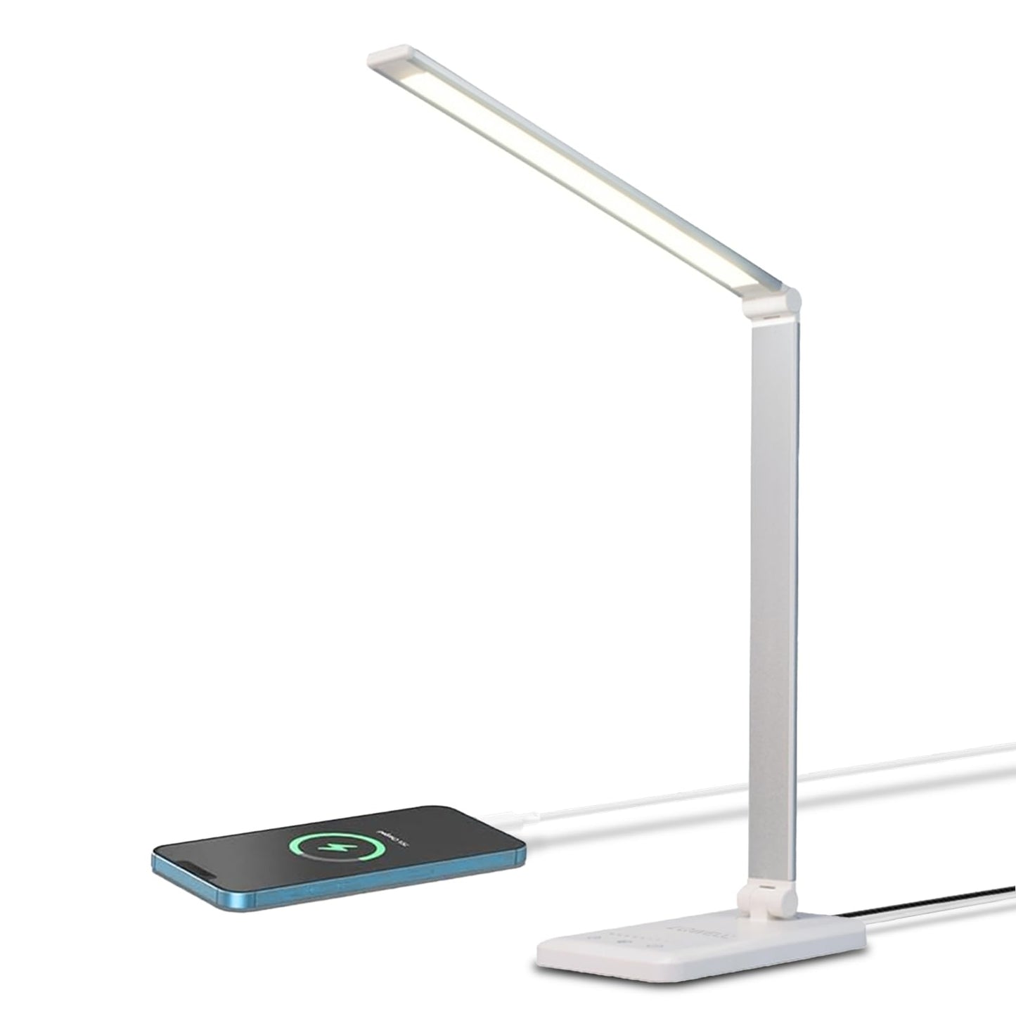 Weiße LED-Schreibtischlampe mit schlankem Metall-Lichtbalken und Standfuß
