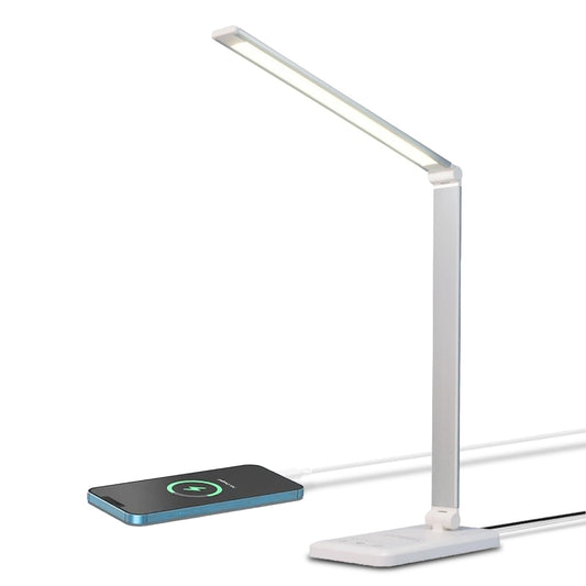 Weiße LED-Schreibtischlampe mit schlankem Metall-Lichtbalken und Standfuß