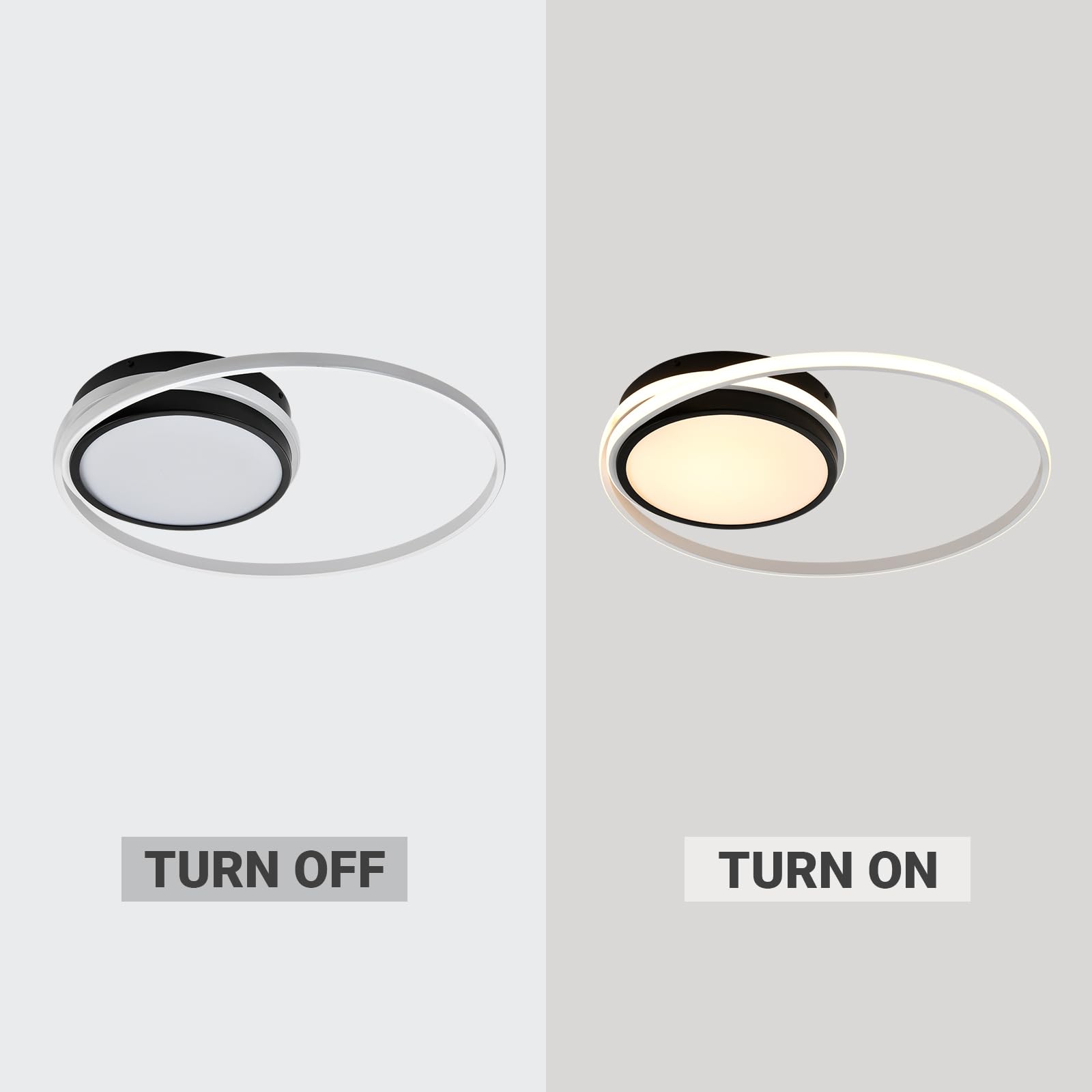 LED-Deckenleuchte: ausgeschaltet mit schwarzem Ring, eingeschaltet mit weißer Lichtscheibe