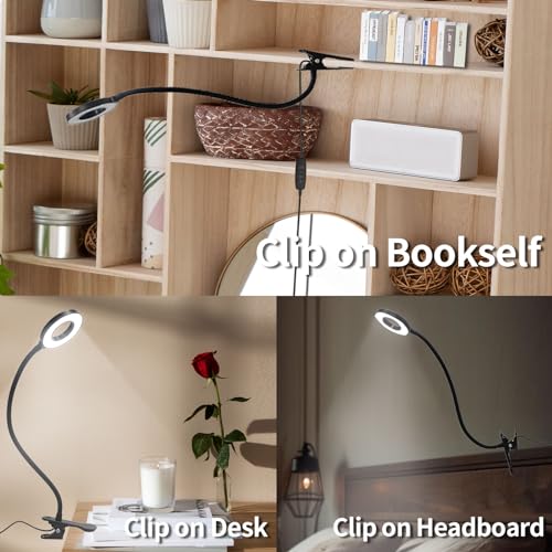 LED-Klemmlampe mit schwarzem Schwanenhals und Clip-Befestigung, Leuchtkopf im Einsatz