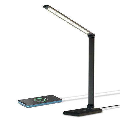 LED-Schreibtischlampe mit schmalem Lichtbalken und schwarzem Standfuß, Touchfeld