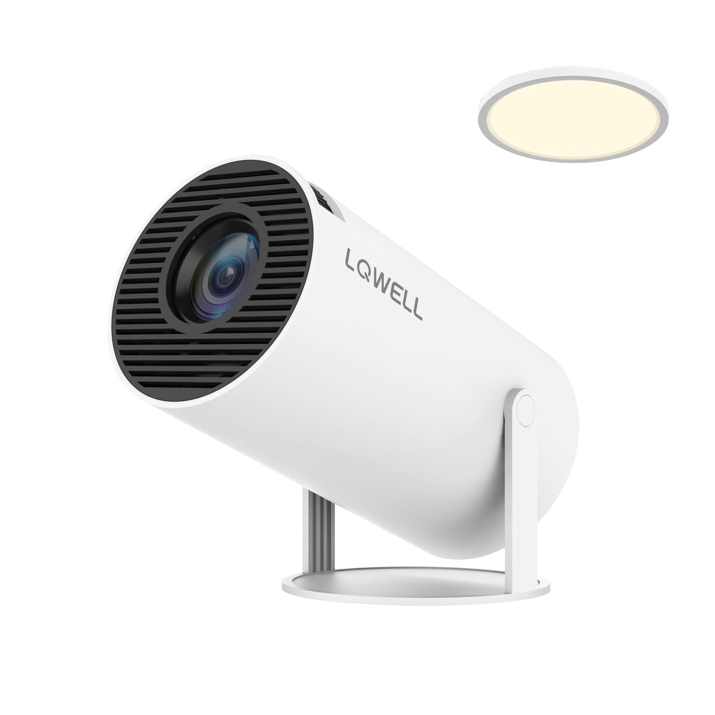 LQWELL® Mini-Beamer: weißer Projektor auf Ständer, runde Linse