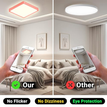 Quadratische LED-Deckenleuchte mit rotem Rand; Hinweis auf kein Flimmern und Augenschutz