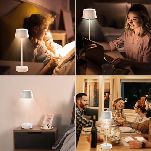 Weiße LED-Tischleuchte auf runder Basis, als dekorative Beleuchtung im Wohn- oder Schlafzimmer