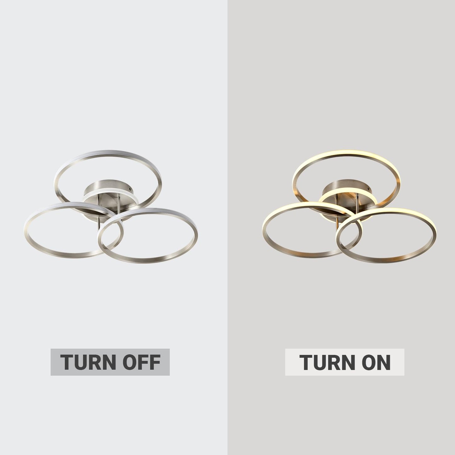 LED-Deckenleuchte mit drei ringförmigen Lampenschirmen, Ansicht Ein/Aus.