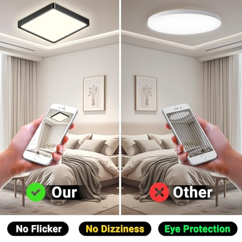 Quadratische LED-Deckenleuchte mit schwarzem Rahmen und gleichmäßigem Licht, deckenmontiert