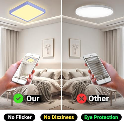 Quadratische LED-Deckenleuchte mit bläulichem Rahmen und warmweißem Leuchten