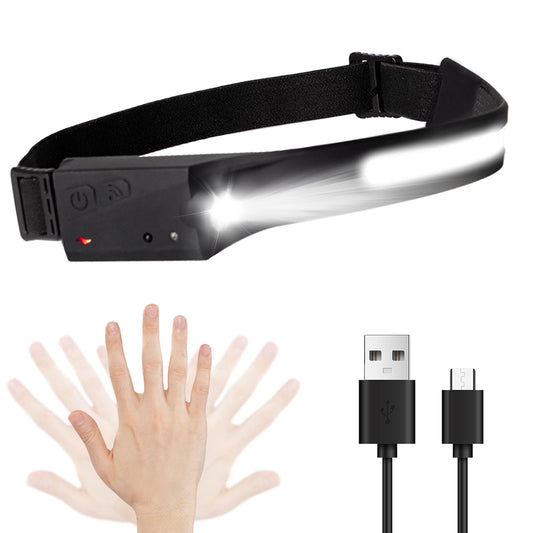 LQWELL® Stirnlampe mit LED-Leiste am schwarzen Kopfband, Front mit Licht