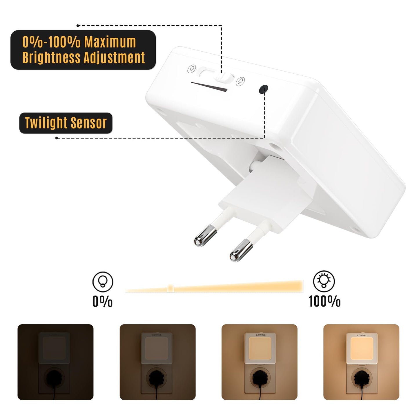 Mini-Beamer mit Nachtlicht, sichtbare Steckadapter und weißer Front mit Lichtsensor