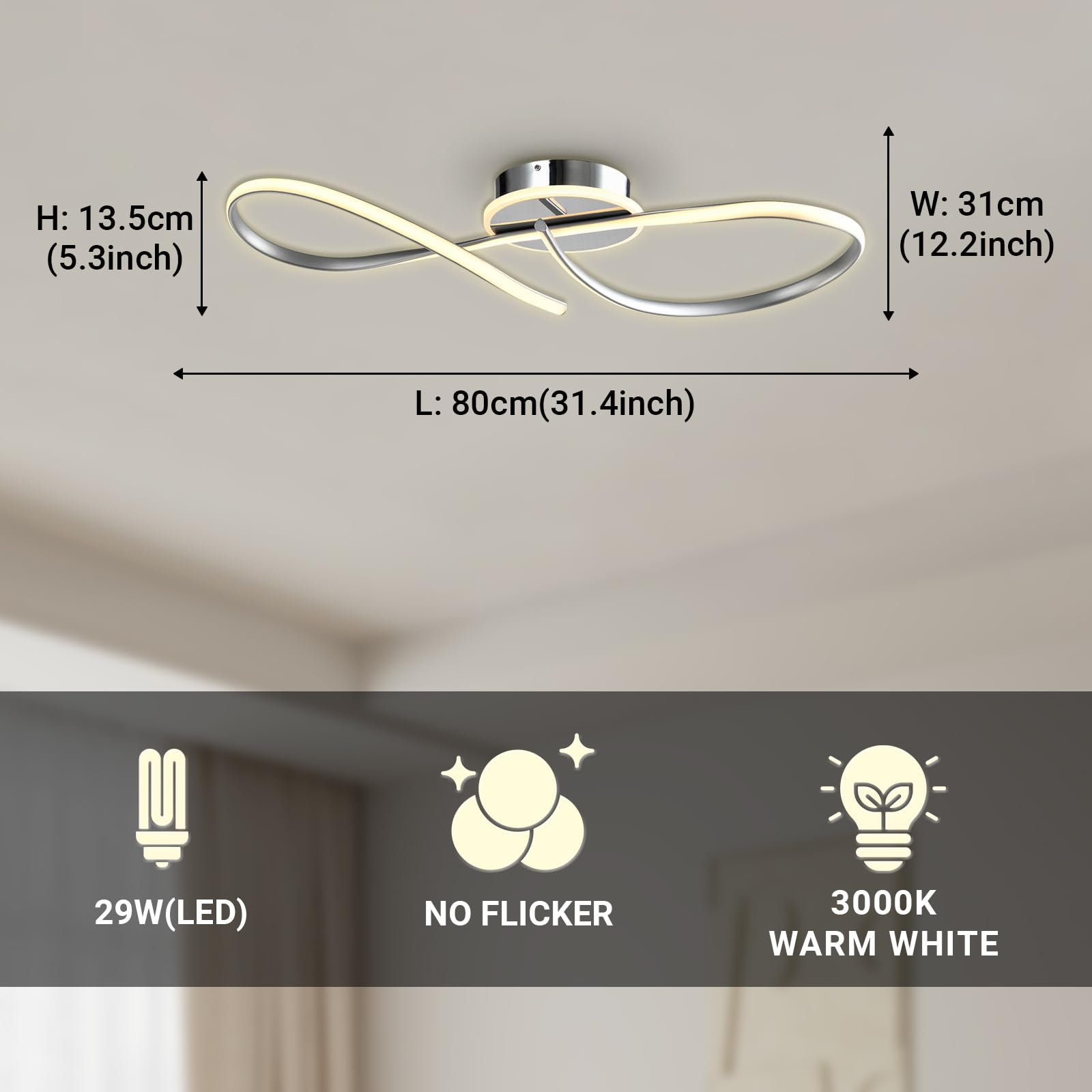 LED-Deckenleuchte mit geschwungenen Ovalringen; Maßangaben oben