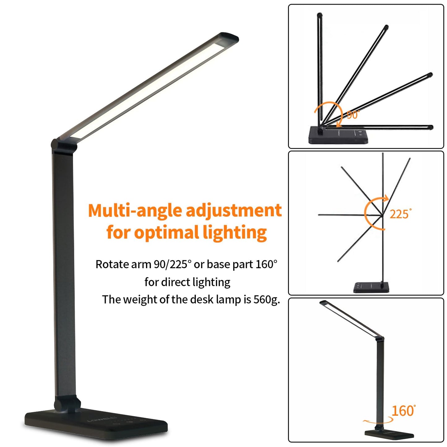LED-Schreibtischlampe mit verstellbarem Arm und Standfuß, mehrere Lichtwinkel