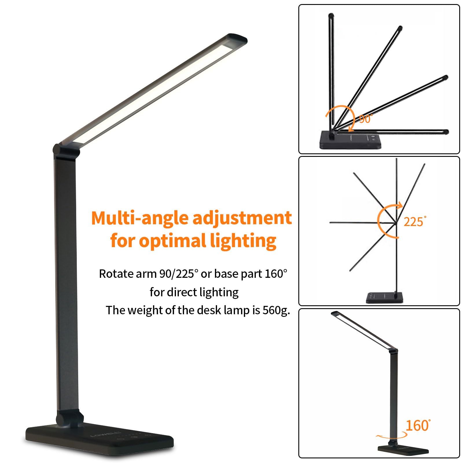 LED-Schreibtischlampe mit verstellbarem Arm und Standfuß, mehrere Lichtwinkel