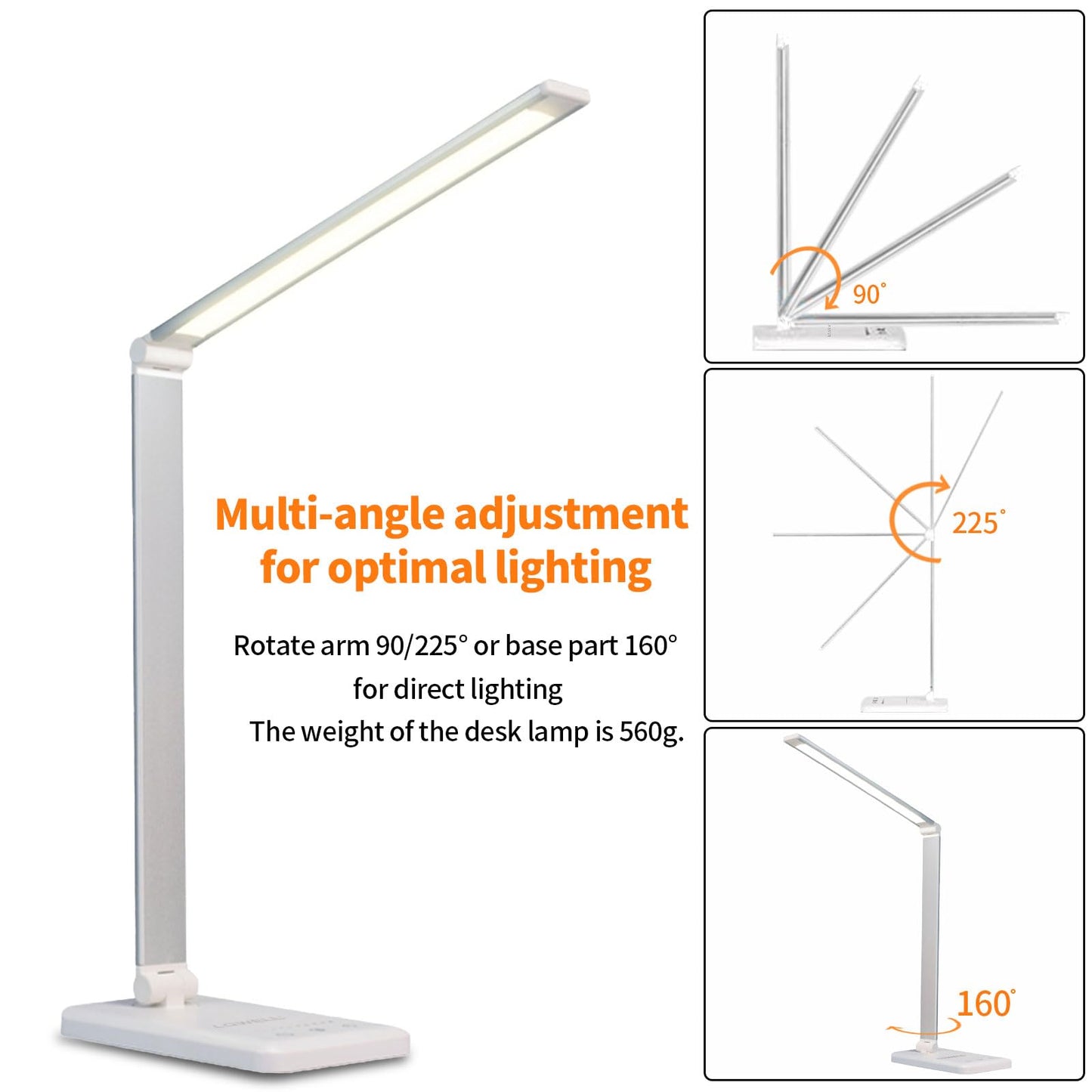 LED-Schreibtischlampe mit verstellbarem Leuchtenarm in mehreren Winkeln und breitem Fuß