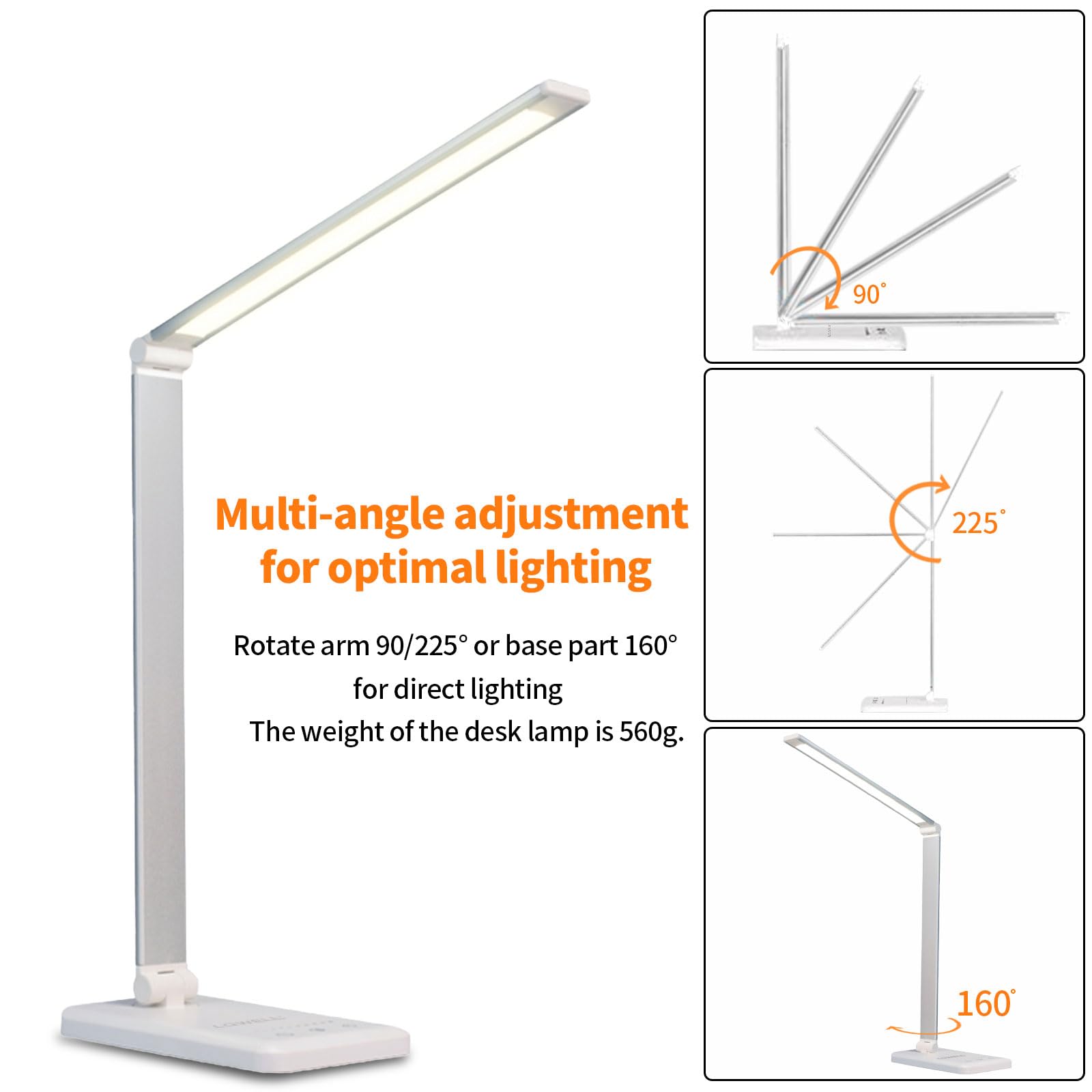 LED-Schreibtischlampe mit verstellbarem Leuchtenarm in mehreren Winkeln und breitem Fuß