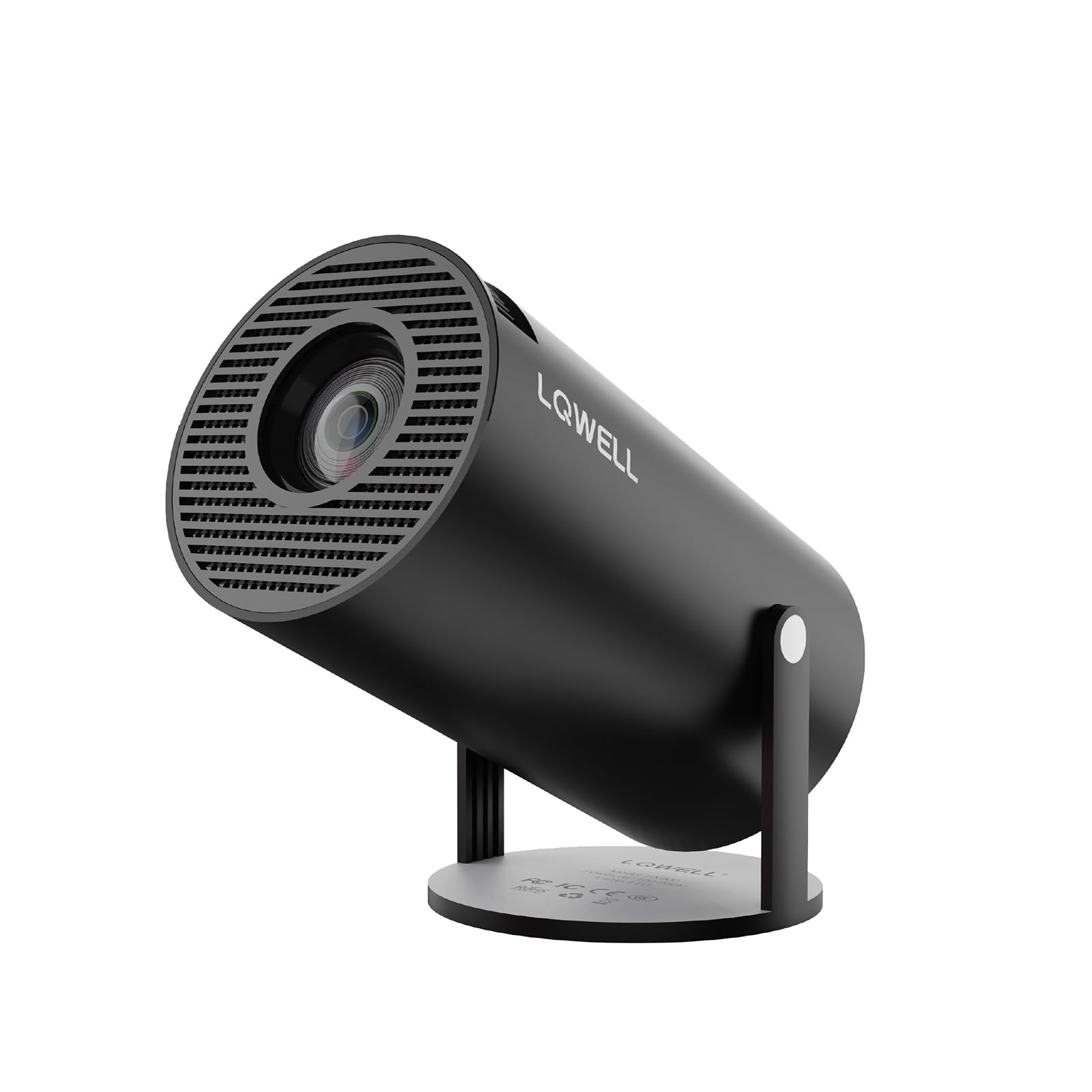 Schwarzer LQWELL® Mini-Projektor auf Standfuß, Objektiv vorn mit Lüftungsgitter