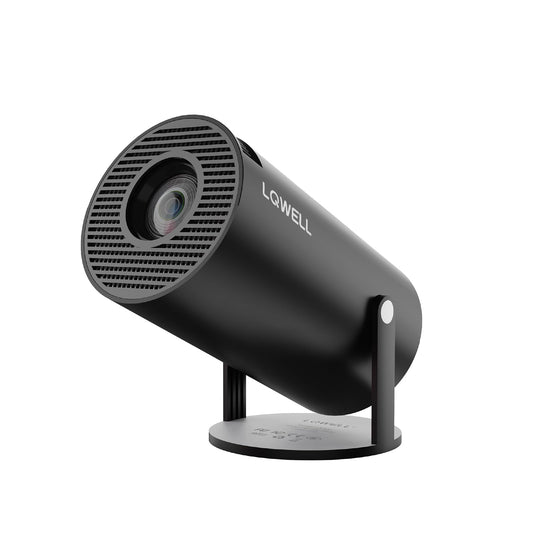 Schwarzer LQWELL® Mini-Projektor auf Standfuß, Objektiv vorn mit Lüftungsgitter