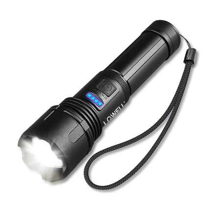 LED-Taschenlampe mit blauem Status-LED, schwarzem Gehäuse und Trageschlaufe