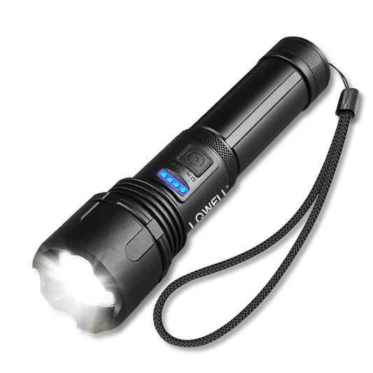 LED-Taschenlampe mit blauem Status-LED, schwarzem Gehäuse und Trageschlaufe