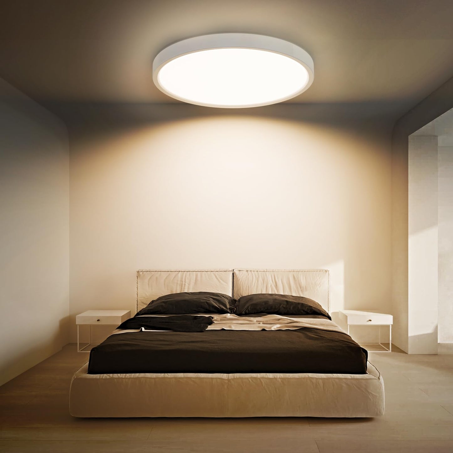 LQWELL® LED-Deckenleuchte, runder Flachschirm mit warmweiß leuchtender Lichtfläche