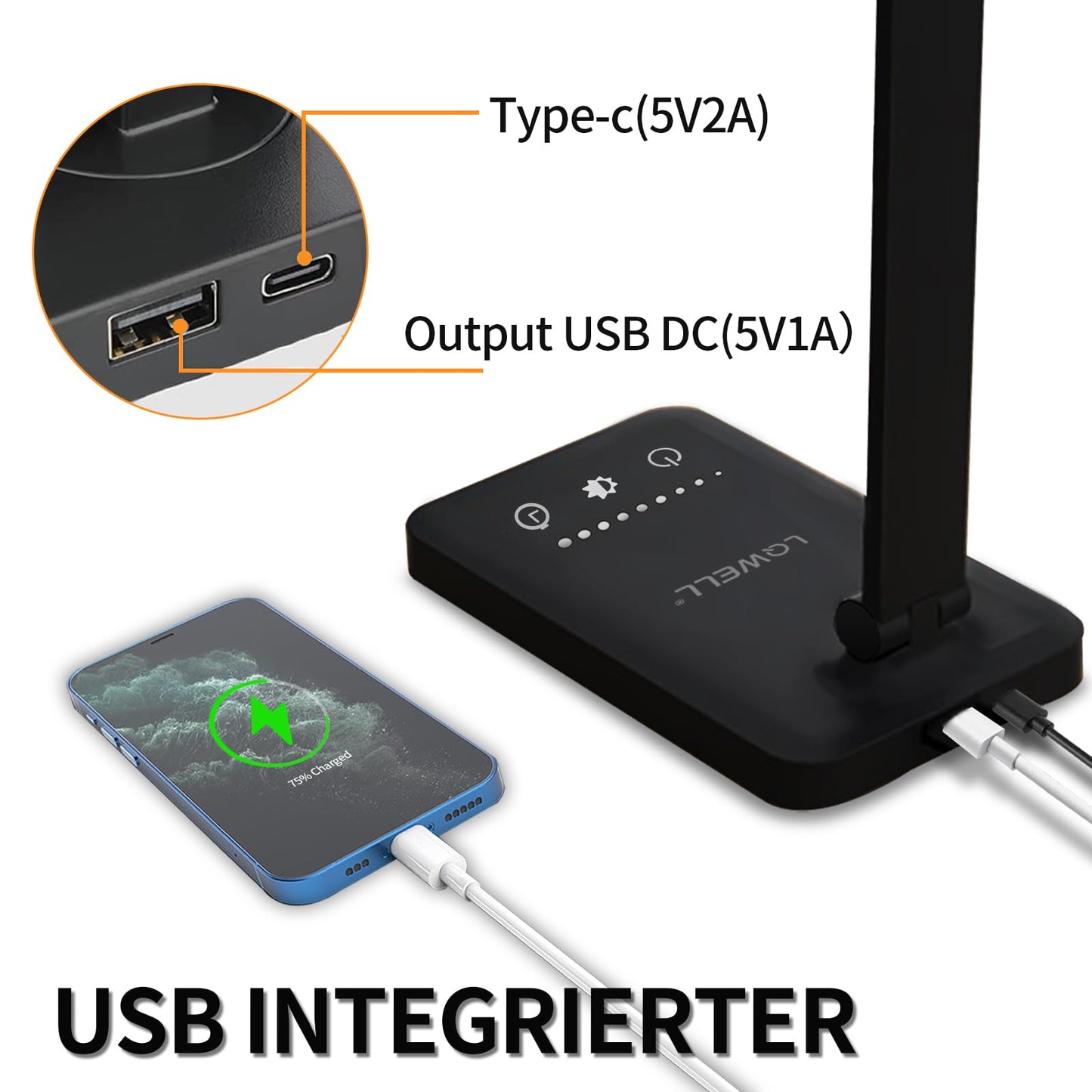 LED-Schreibtischlampe mit integriertem USB-Anschluss (Type-C) am Sockel