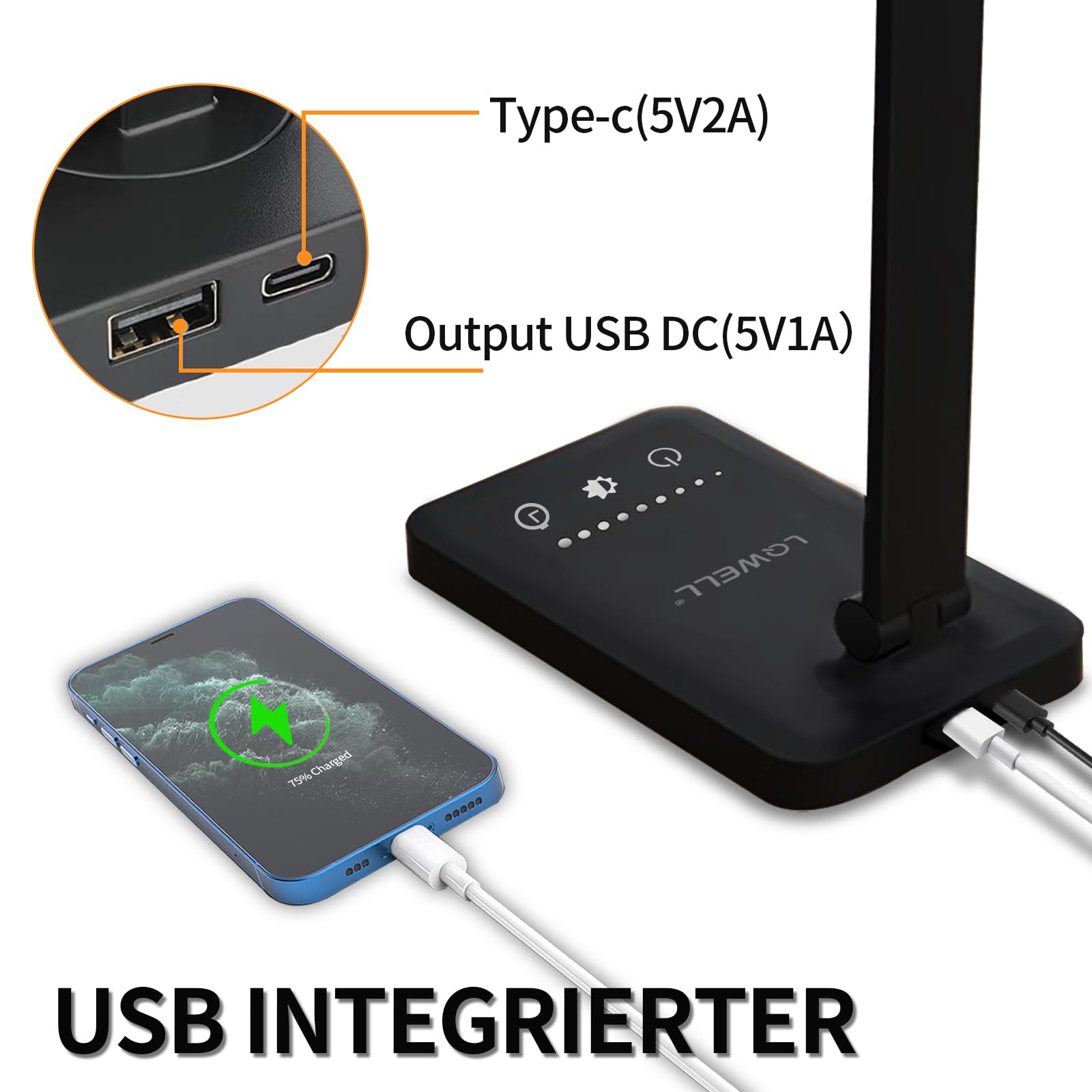 LED-Schreibtischlampe mit integriertem USB-Anschluss (Type-C) am Sockel