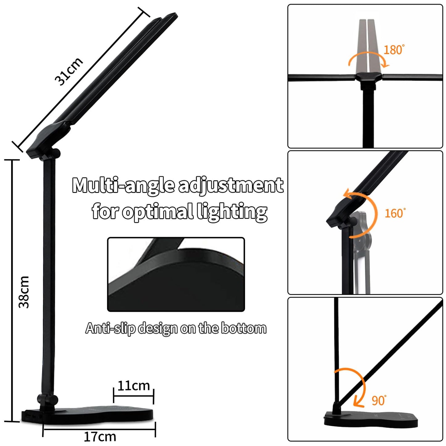 LED-Schreibtischlampe mit verstellbaren Schwenkarmen und Standfuß, rutschfeste Fläche