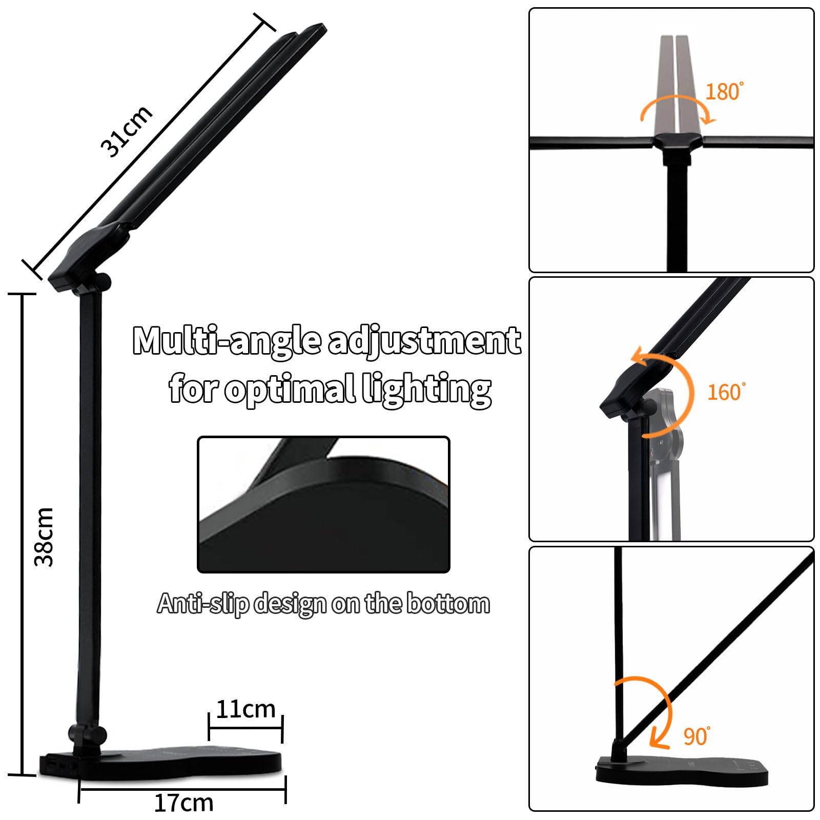 LED-Schreibtischlampe mit verstellbaren Schwenkarmen und Standfuß, rutschfeste Fläche