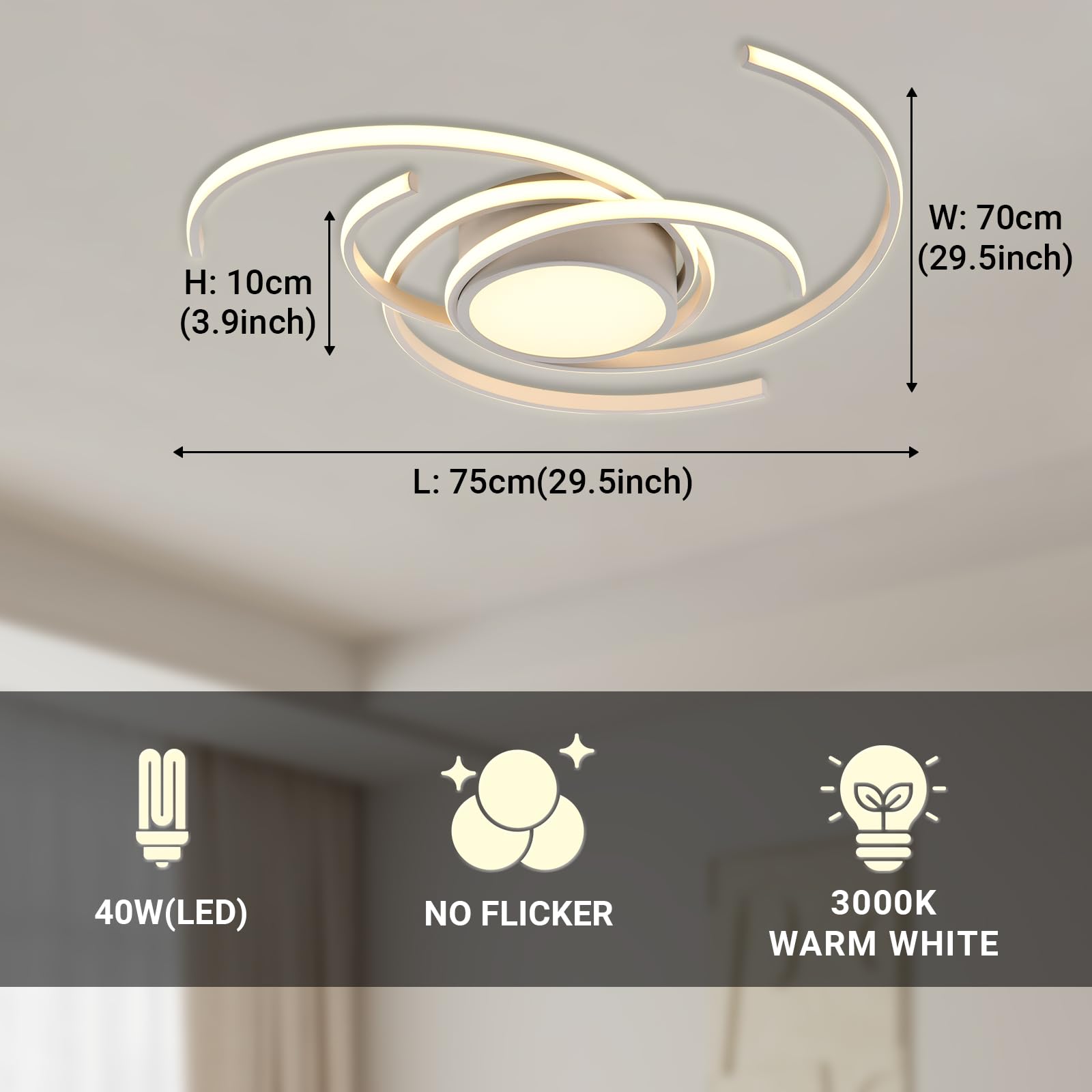LED-Deckenleuchte mit Maßangaben H 10 cm, L 75 cm, W 70 cm; warmweiß