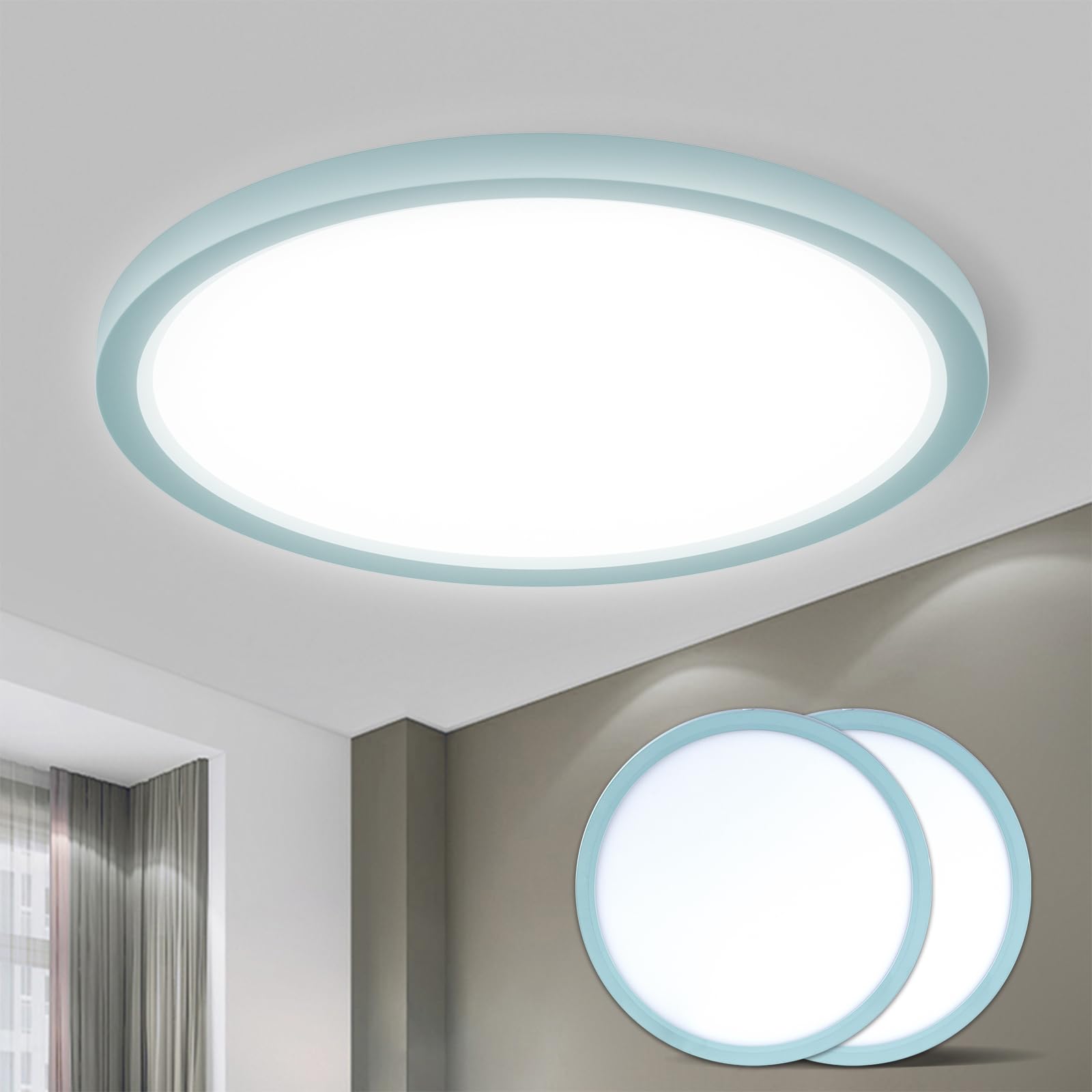 Runde flache LED-Deckenleuchte mit hellem Licht und hellblauem Rahmen