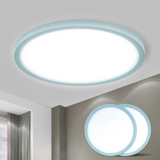 Runde flache LED-Deckenleuchte mit hellem Licht und hellblauem Rahmen