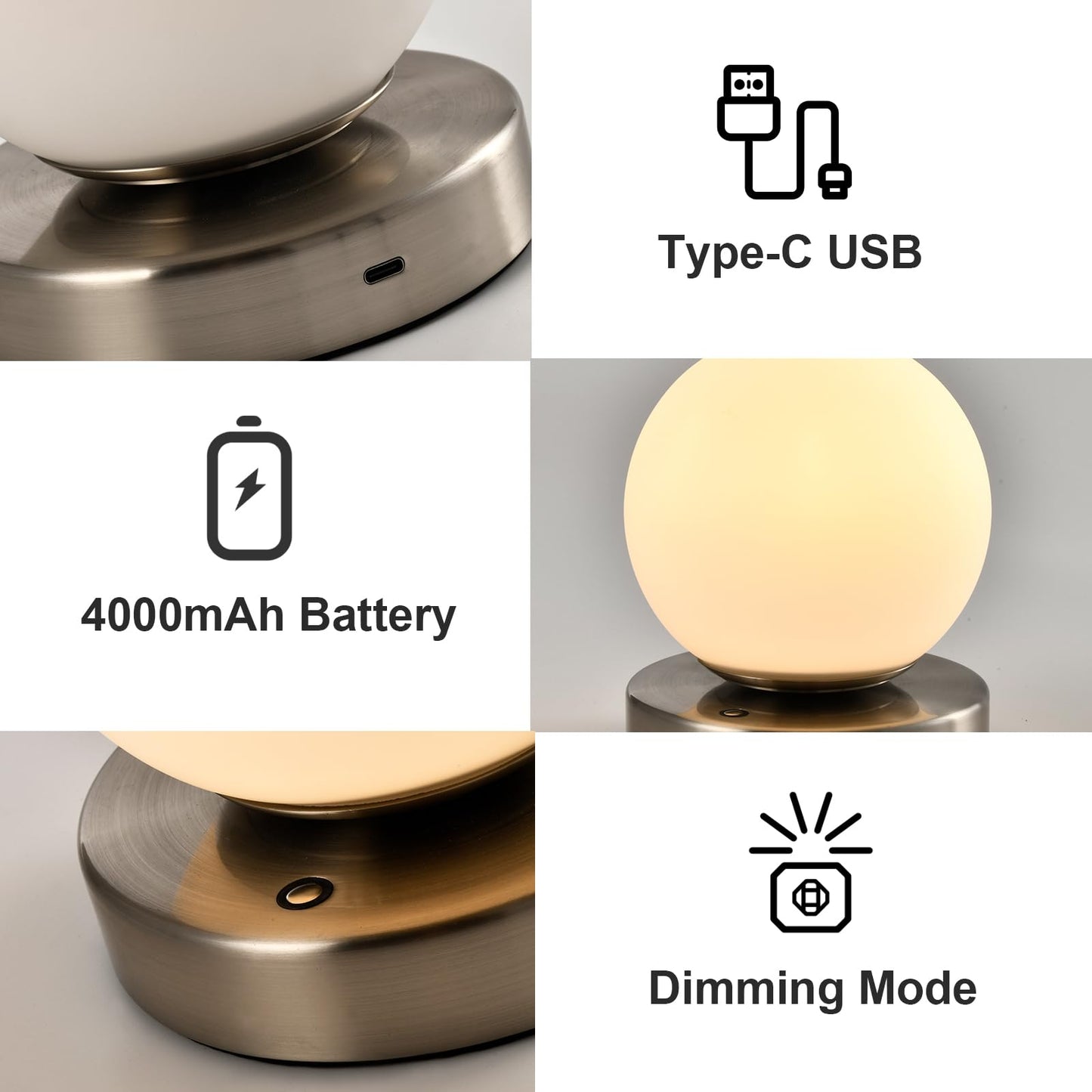 Tischlampe mit USB‑C‑Anschluss und Touch-Bedienung an der runden Metallbasis