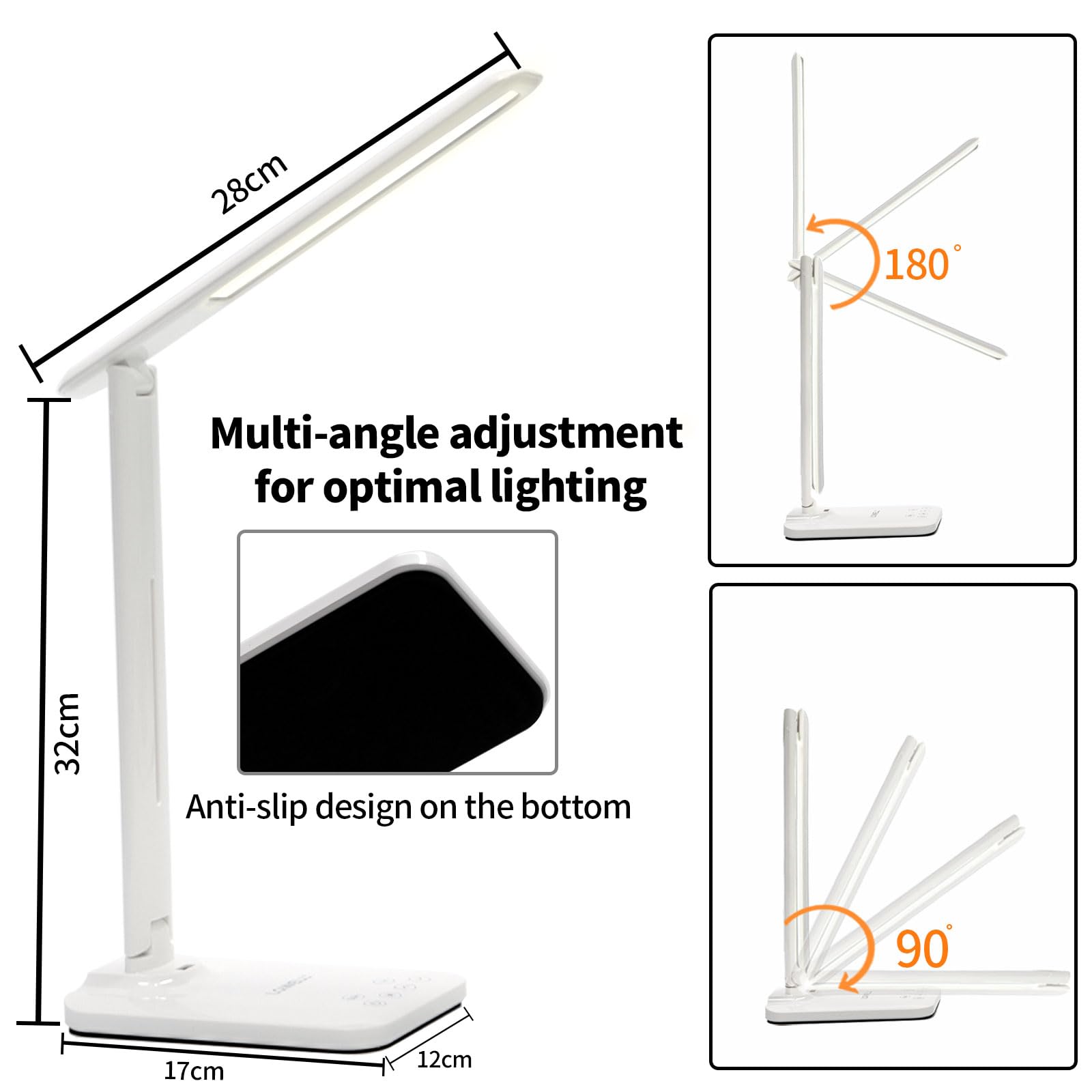 LED-Schreibtischlampe mit verstellbarem Arm und rutschfestem Standfuß, bis 180° schwenkbar.