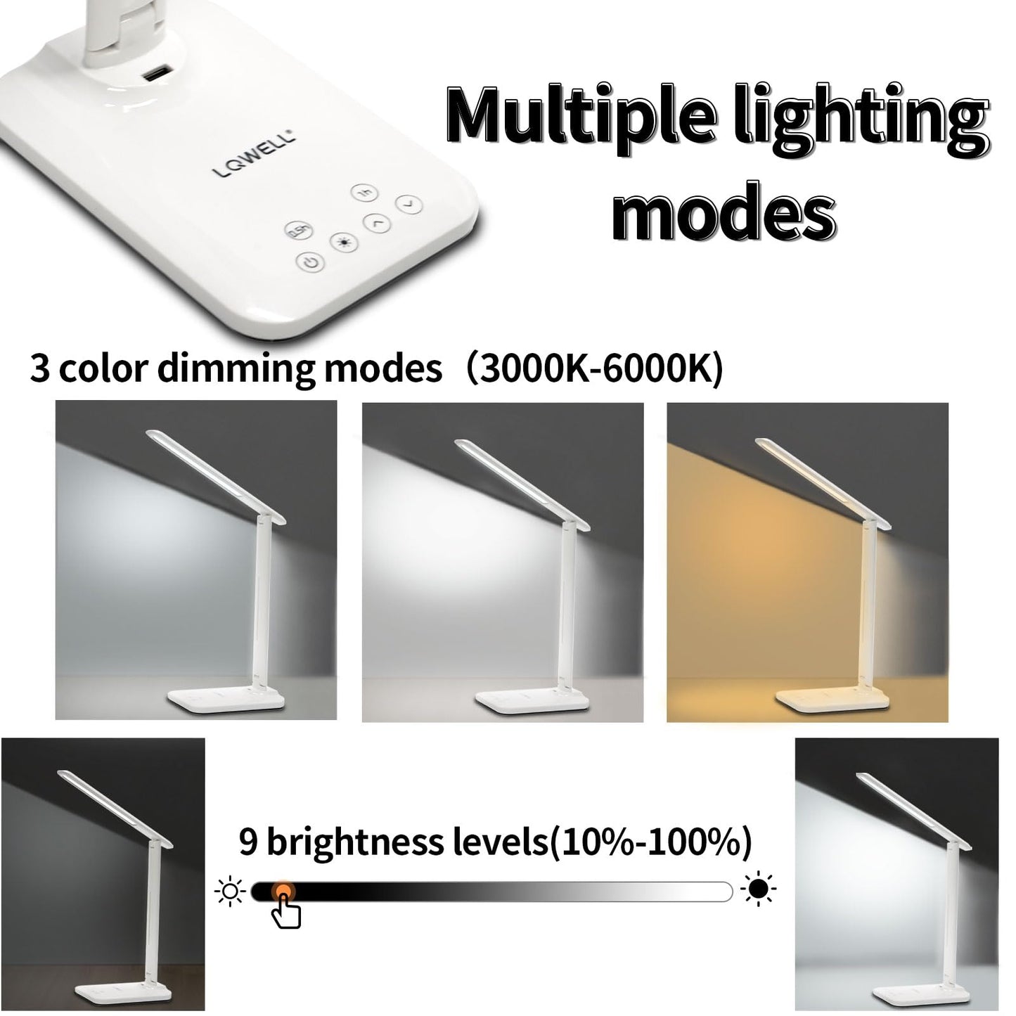 LED-Schreibtischlampe mit 3 Farbmodi und 9 Helligkeitsstufen, weißer Standfuß.