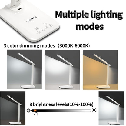 LED-Schreibtischlampe mit 3 Farbmodi und 9 Helligkeitsstufen, weißer Standfuß.