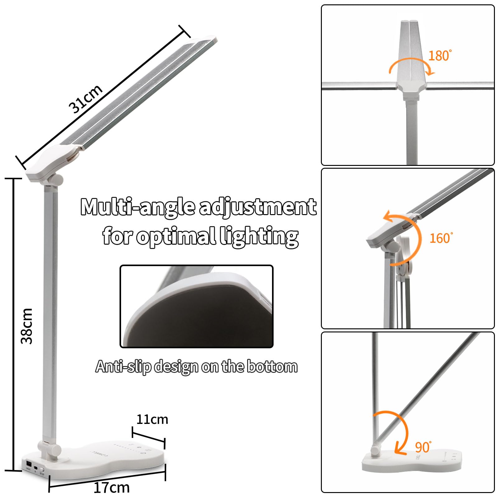 Weiße Doppelschwingarm-Lampe mit verstellbarem Kopf und rutschfester Standfläche