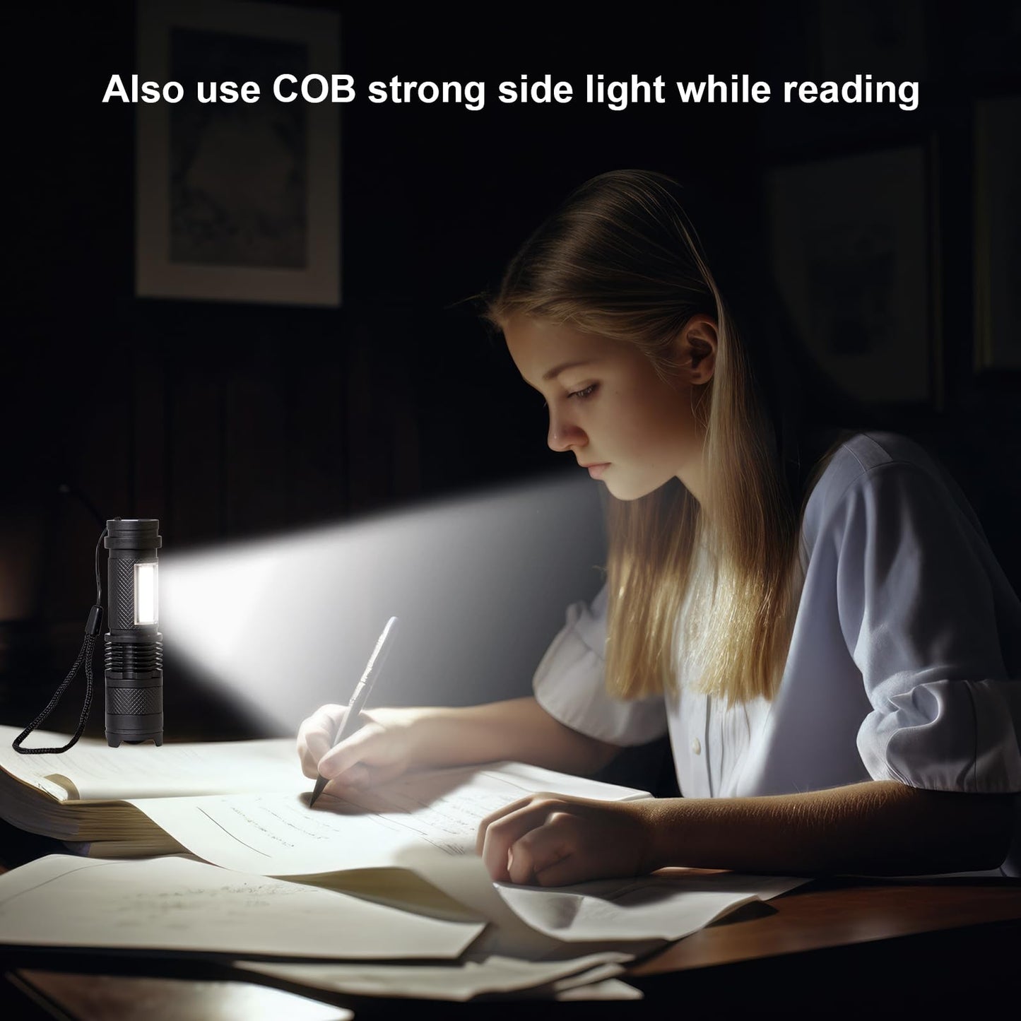 Mini-Taschenlampe auf dem Schreibtisch, beleuchtet geöffnetes Buch beim Lesen