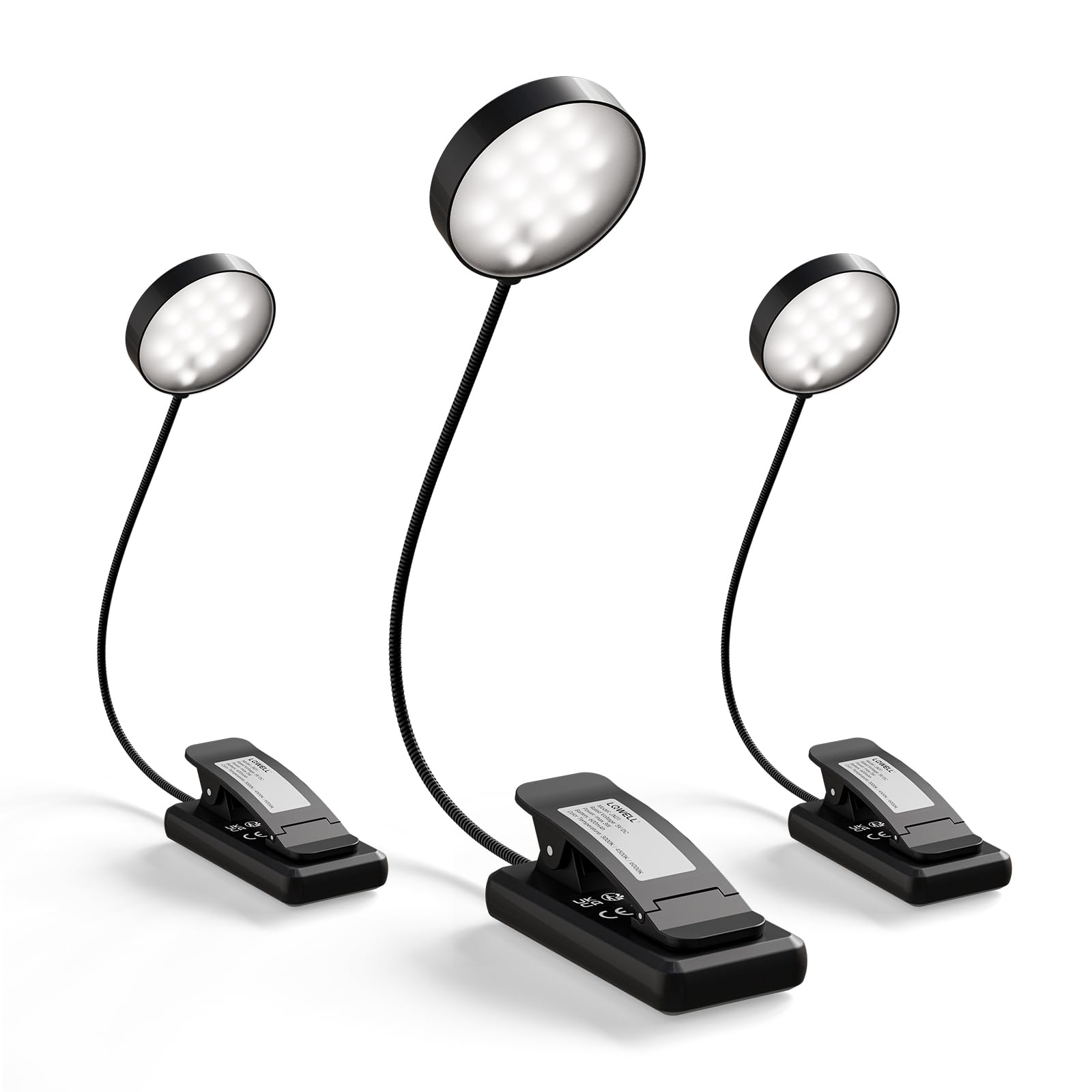 3er Set schwarze Leselampen mit flexiblem Buchlicht und runden LED-Köpfen