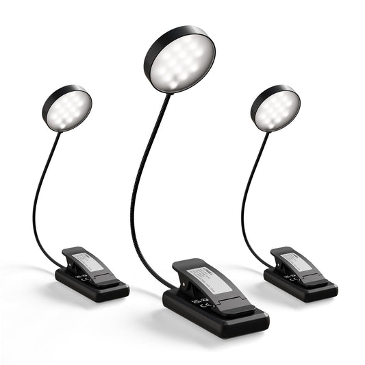 3er Set schwarze Leselampen mit flexiblem Buchlicht und runden LED-Köpfen