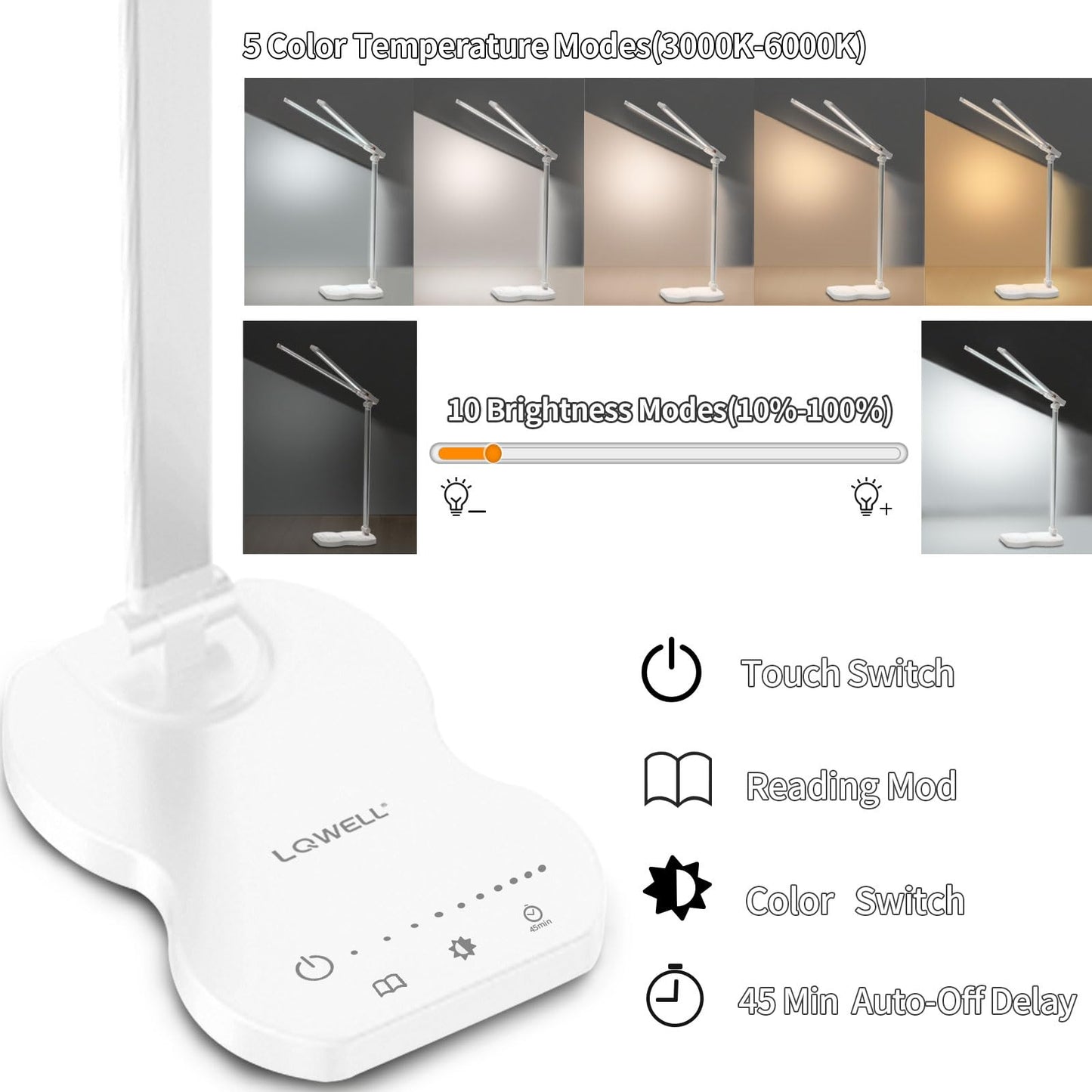 Weiße LED-Tischlampe mit Touch-Bedienfeld und verstellbaren Leuchtenarmen am Sockel