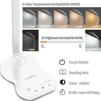 Weiße LED-Tischlampe mit Touch-Bedienfeld und verstellbaren Leuchtenarmen am Sockel