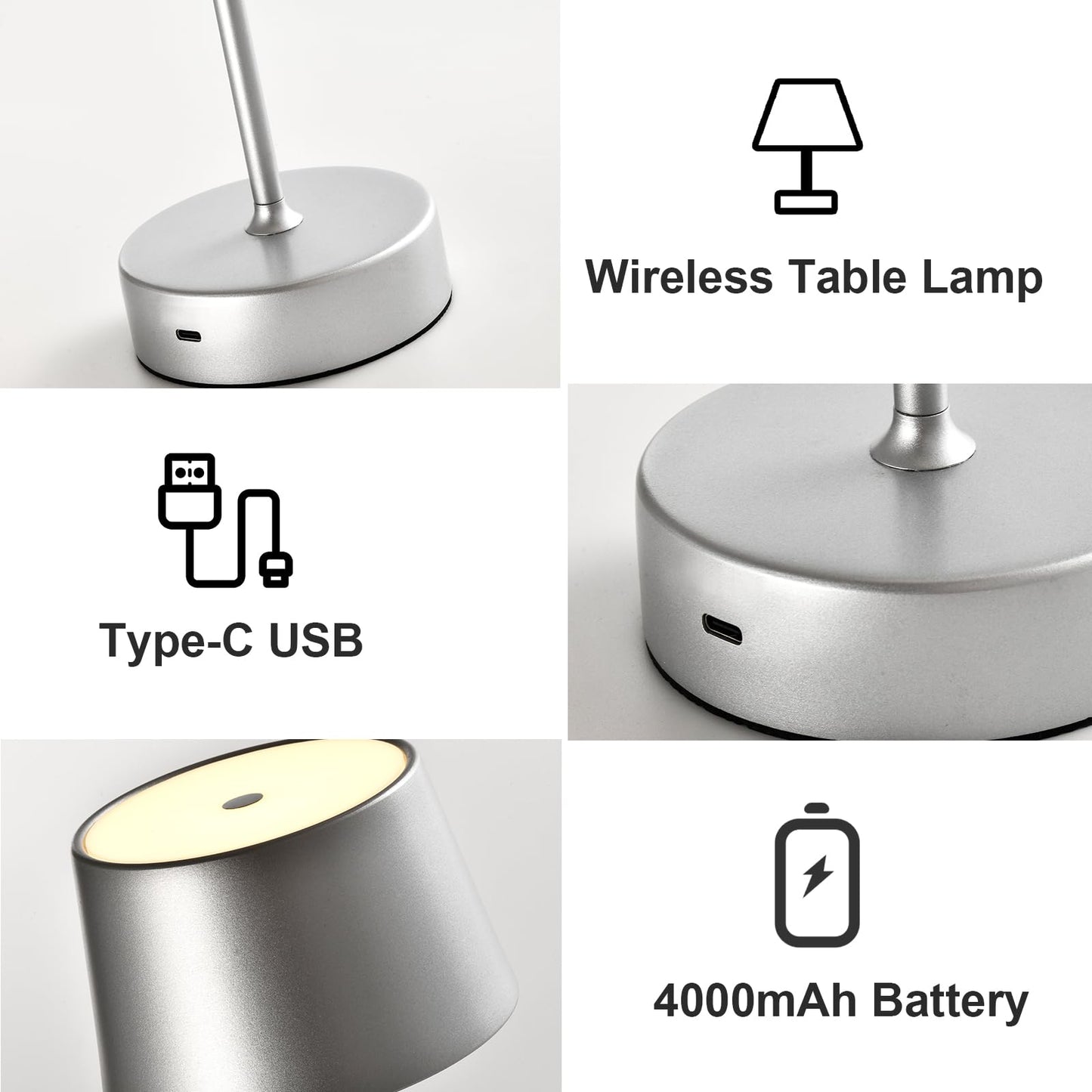 LED-Tischlampe-Basis mit USB-C-Anschluss und Akkuanzeige, silberfarben