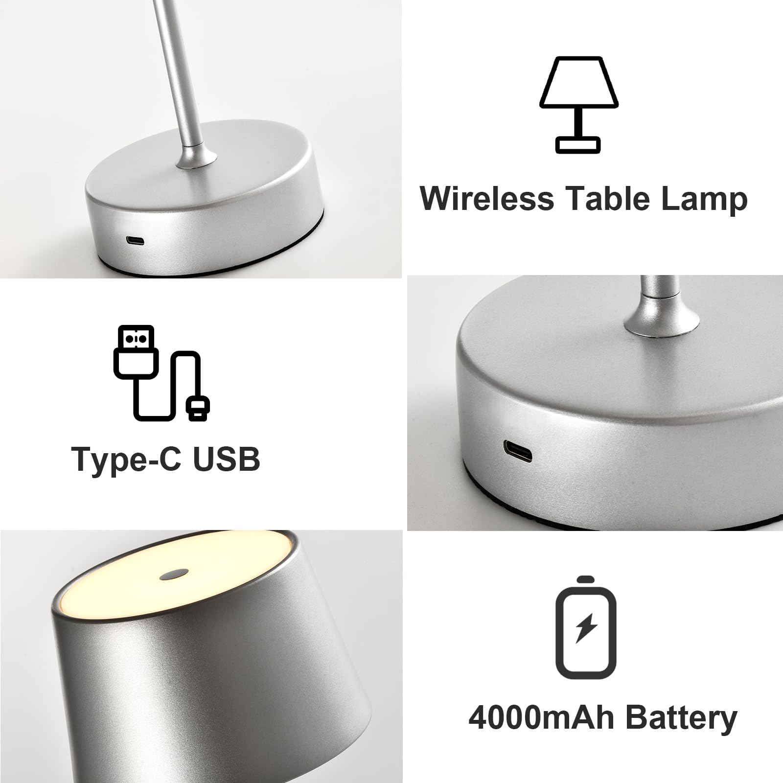 LED-Tischlampe-Basis mit USB-C-Anschluss und Akkuanzeige, silberfarben