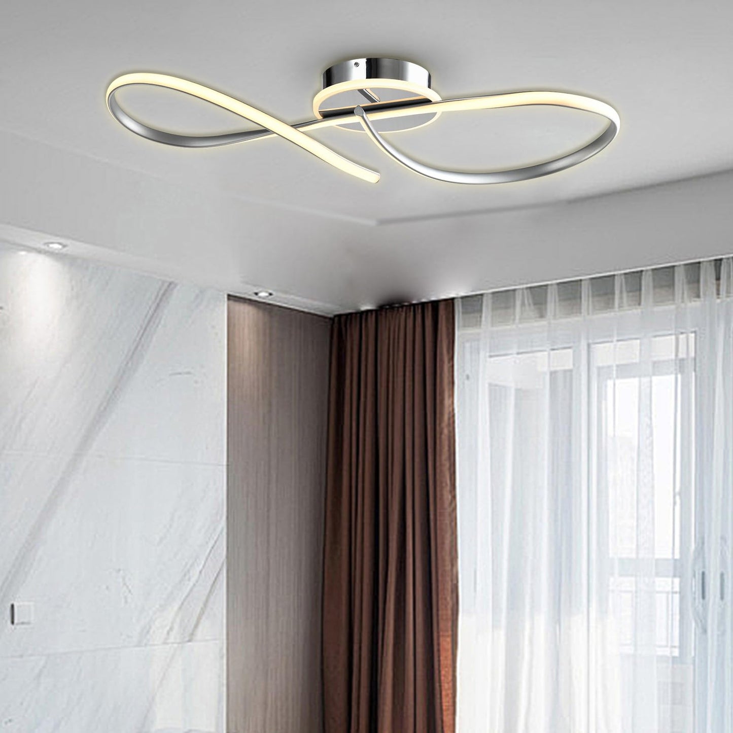 LED-Deckenleuchte mit Aluminium-Deckenhalter und zwei geschwungenen ovalen LED-Bögen