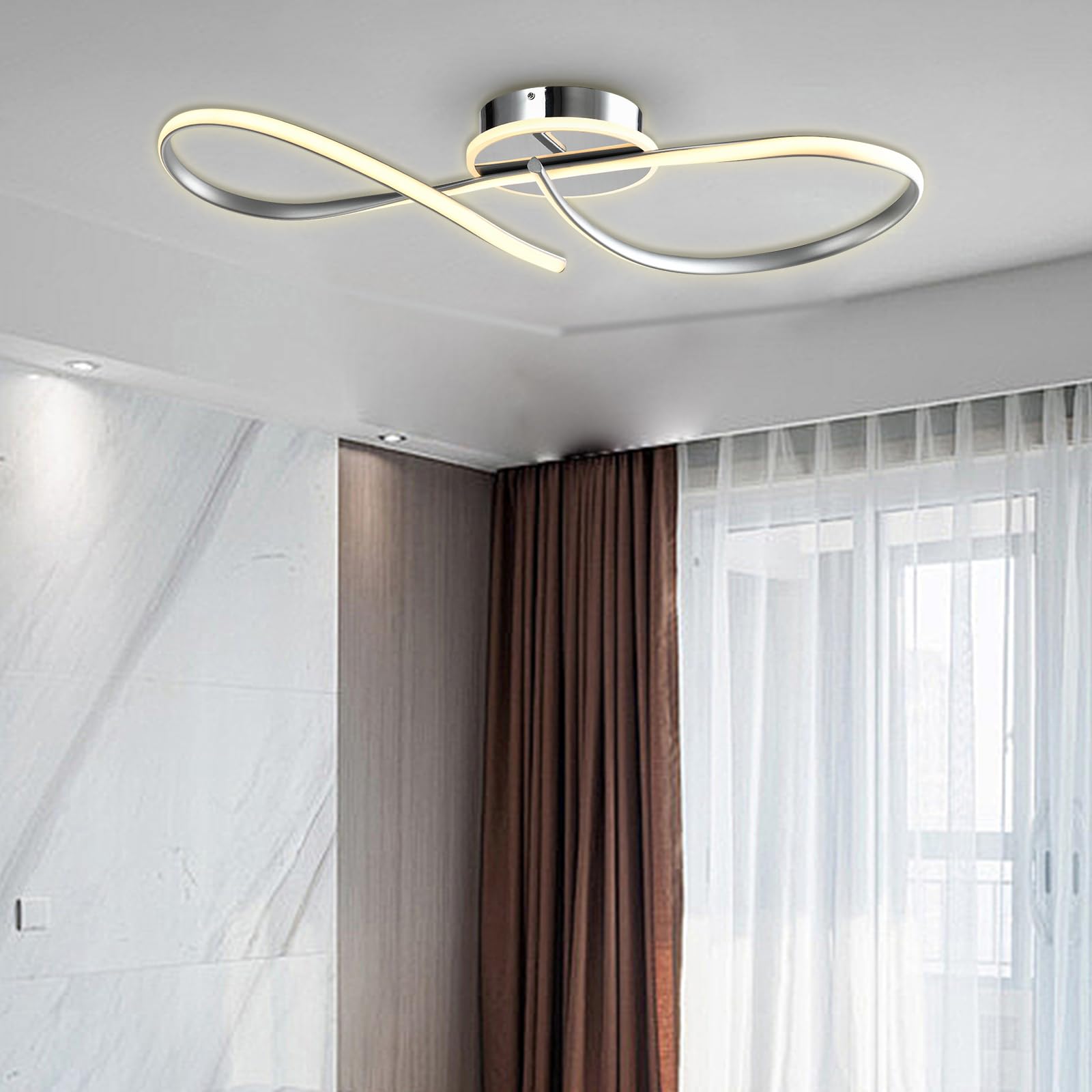 LED-Deckenleuchte mit Aluminium-Deckenhalter und zwei geschwungenen ovalen LED-Bögen