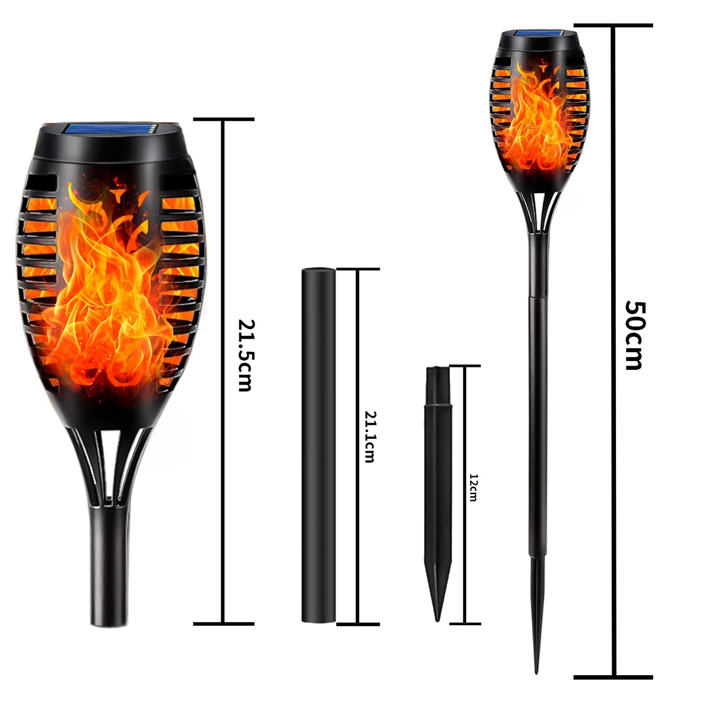 Solar-Fackellicht mit Flammeneffekt, schwarze LED-Solarlampe mit Stiel und Maße