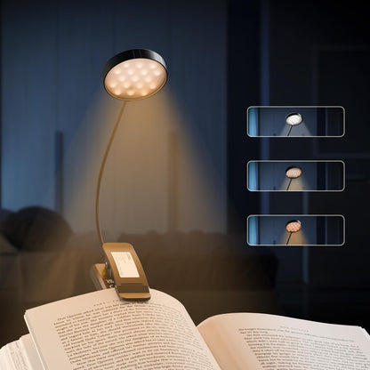 LQWELL® Leselampe: schwarzer Schwanenhals mit rundem LED-Kopf, leuchtet aufs Buch